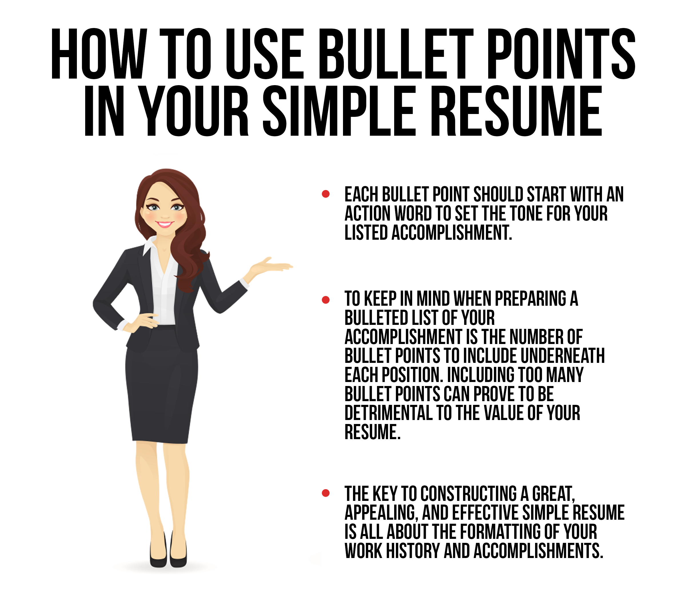 woman tells how bullet points should be formatted and used in a simple resume format